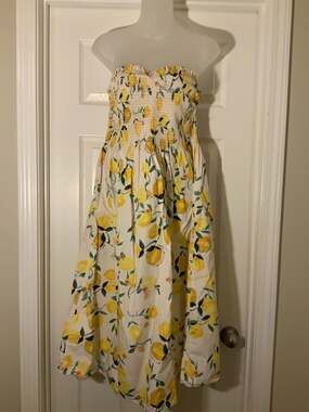 H&M Lemon Print Smocked Strapless Midi Dress 100% Cotton Size L